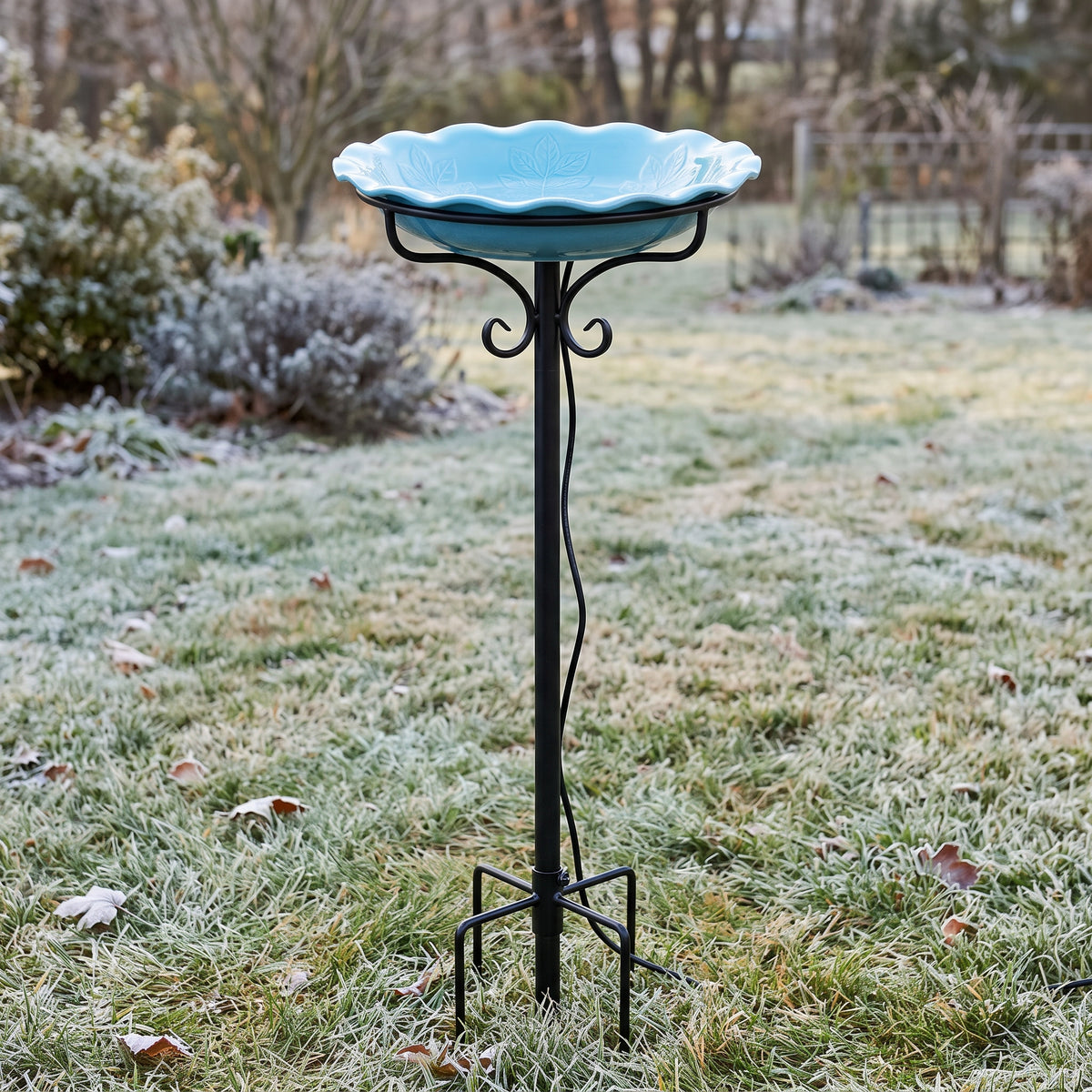 Outdoor heated bird bath with decorative metal stand and 5-prong ground stake
