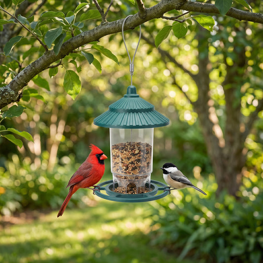 Northern Cardinal and Black-Capped Chickadee perched on the 360-degree ring of the Garden Green 6-port gazebo hanging bird feeder