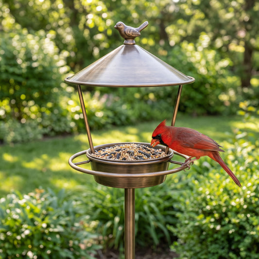 Northern Cardinal perched on the 360-degree ring of the Brushed Bronze standing metal platform bird feeder in a sunny garden