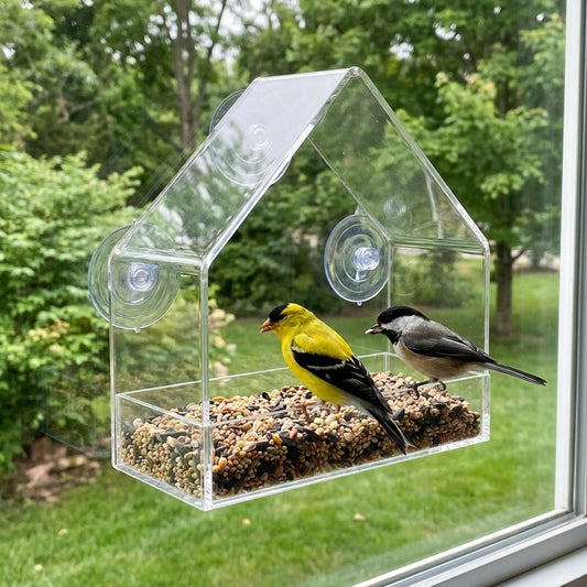 American Goldfinch and Black-capped Chickadee eating seed in the Clear Acrylic Window Bird Feeder, held to the outside of a window by three suction cups