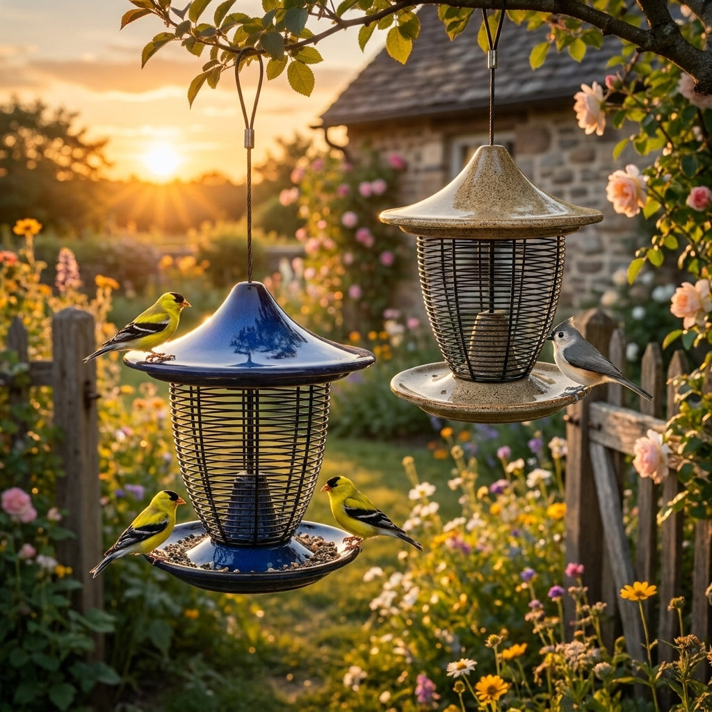 Sandy Granite and Cobalt Blue Glazed Ceramic Pagoda Bird Feeders with American Goldfinches and a Tufted Titmouse in a golden-hour garden