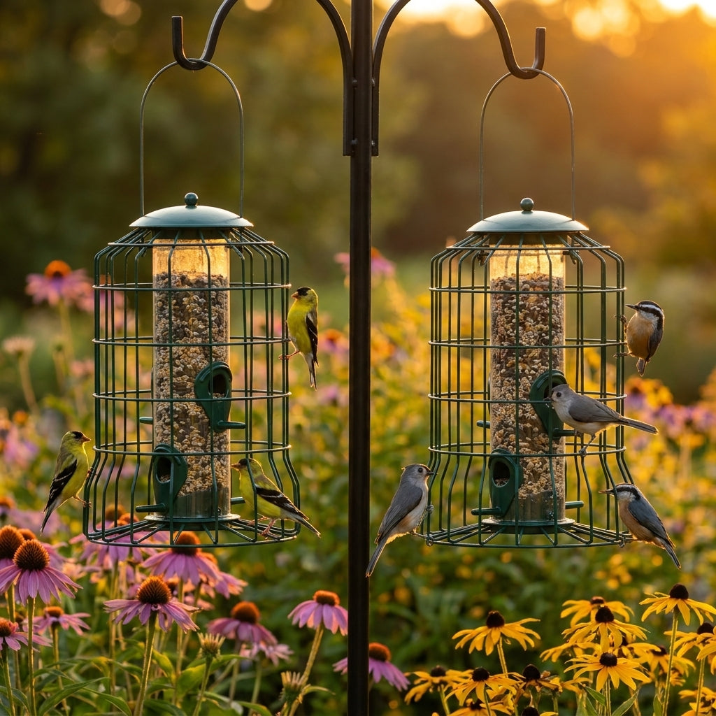 2-Pack bundle of Forest Green Squirrel-Proof Caged Hanging Tube Bird Feeders in a golden-hour backyard garden with songbirds