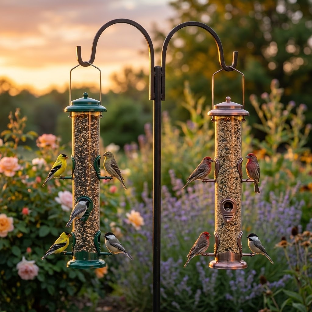 2-Pack pair of Forest Green and Antique Red Bronze 6-Port Tube Bird Feeders hanging in a golden-hour backyard sunset