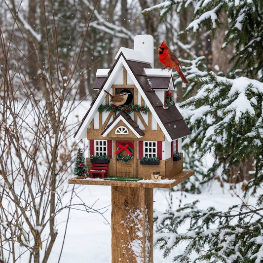 Carolina Wren and Northern Cardinal on the Merry Tudor Cottage Holiday Wooden Birdhouse in a winter garden