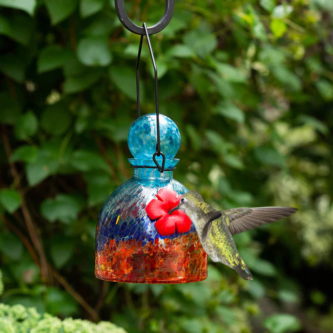Solar LunaLite Bell Hummingbird Feeder, Aqua/Red