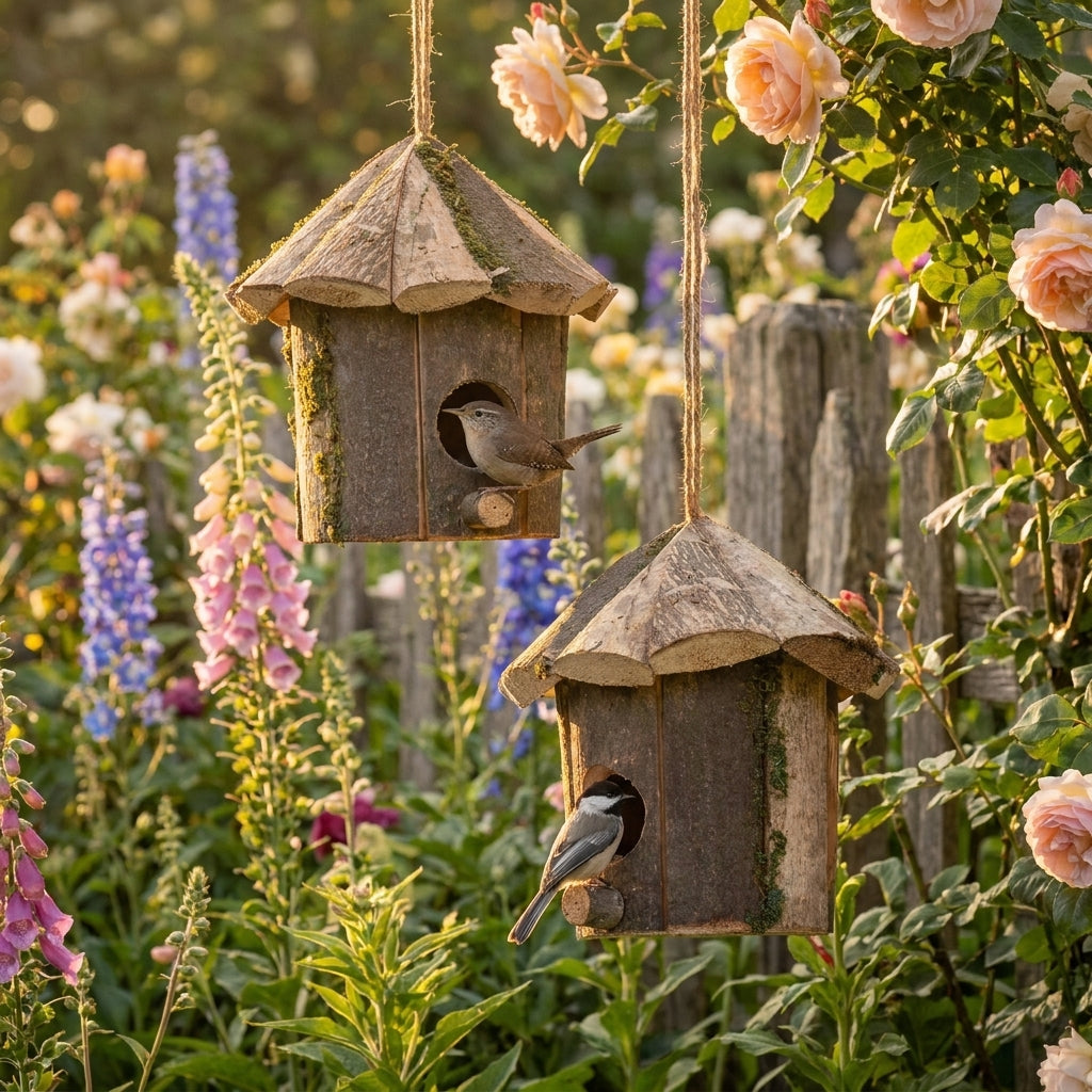 2-Pack bundle of Handcrafted Rustic Bark and Moss Hanging Wren Birdhouses in a golden-hour cottage garden with Wren and Chickadee