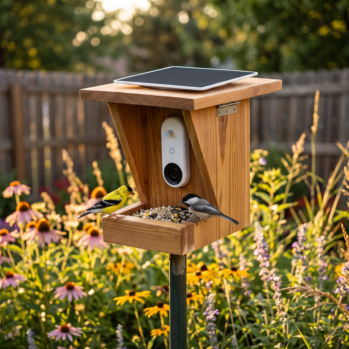 American Goldfinch and Black-Capped Chickadee perched on Solar Cedar Bird Feeder during golden hour sunset