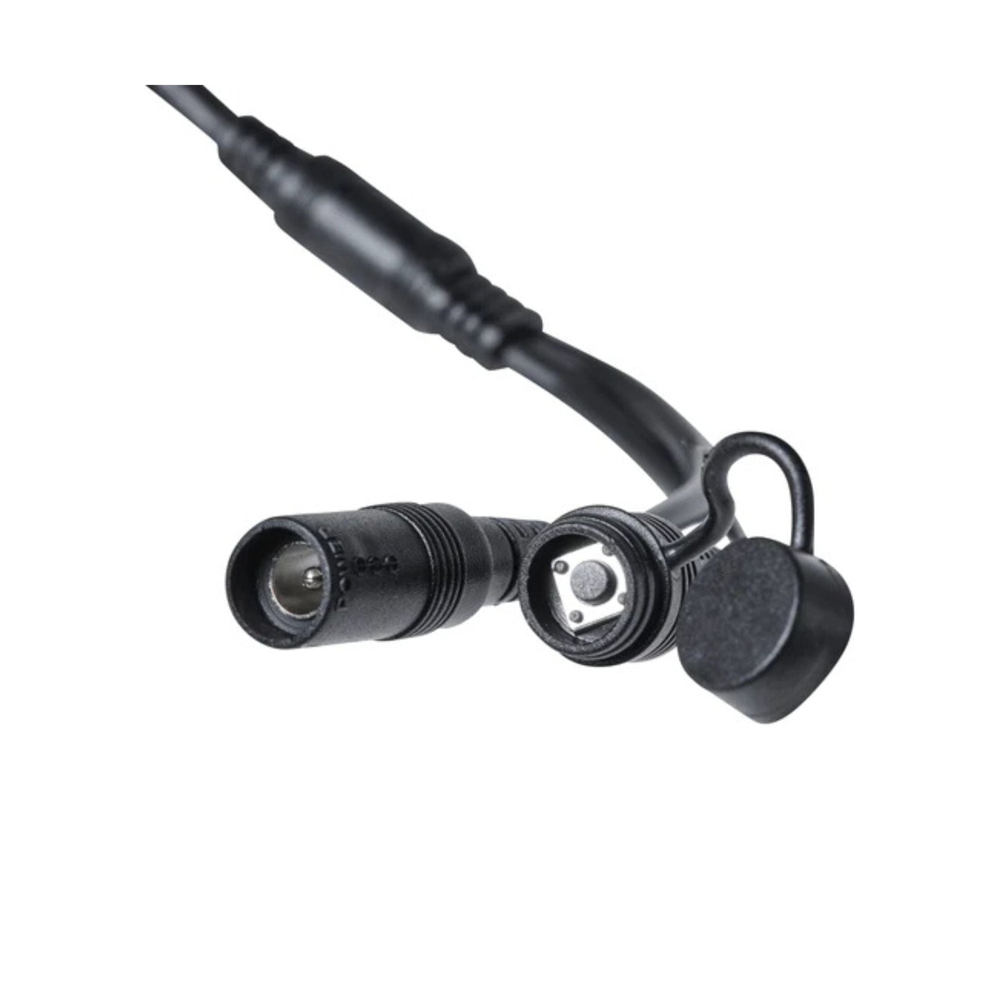 Black underwater camera housing with cable on a white background
