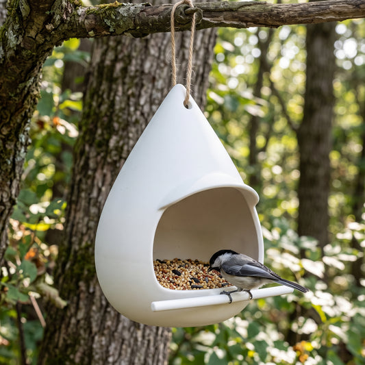 Black-capped chickadee perched on the front bar of the Matte White teardrop hanging bird feeder on a mossy tree branch