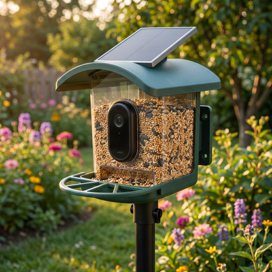 Solar smart camera bird feeder with roof solar panel, clear seed hopper and wide front perch
