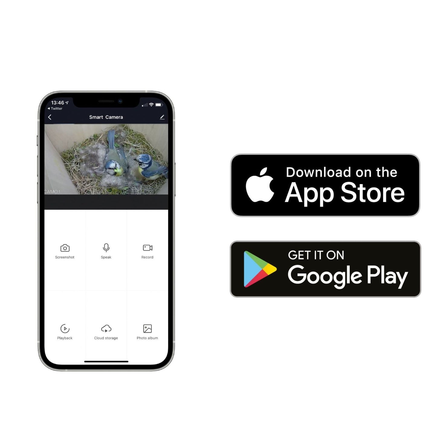 Smart camera app on a phone screen with App Store and Google Play download buttons.
