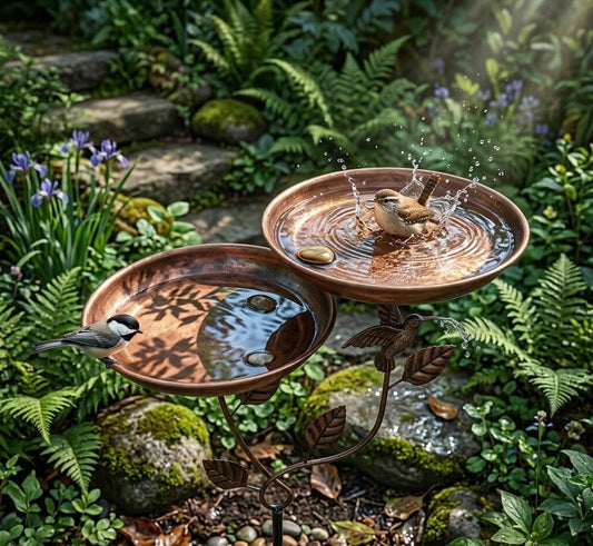 Double Layer Copper Bird Bath — Vintage Hummingbird Leaf Garden Decor - BIRDLOVER