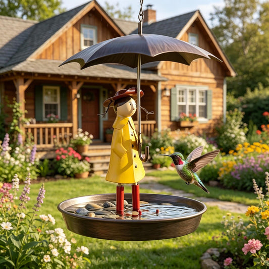 Whimsical Raincoat Girl Bird Feeder Bath — Vintage Umbrella Metal Garden Decor - BIRDLOVER