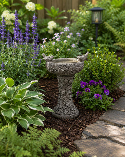 Cast stone pedestal bird bath engraved with sparrow verse, 15 inch tall