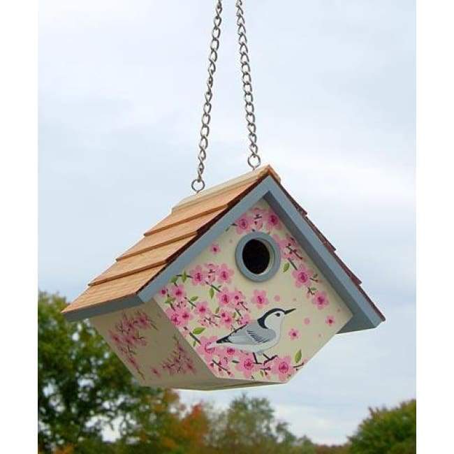 Hanging Wren House with Nuthatch and Peach Blossoms