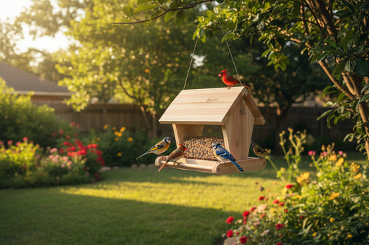 Handcrafted cedar hanging bird feeder with a 3 lb seed capacity hanging in a garden