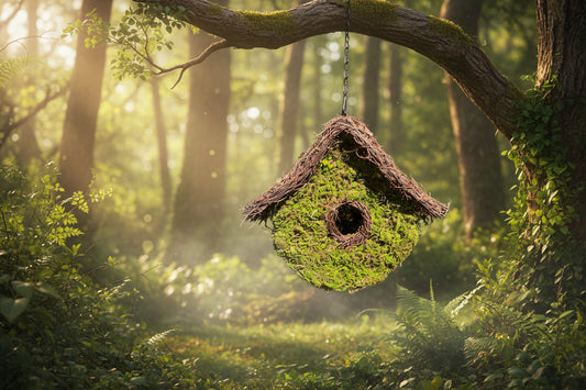 Natural moss birdhouse with a whimsical loft design hanging in a garden