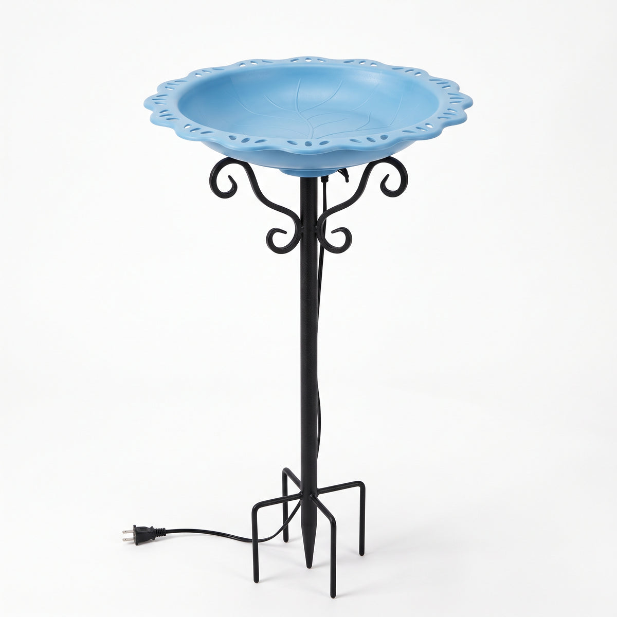 Sky-blue heated bird bath bowl with scalloped rim on a black S-scroll metal stand