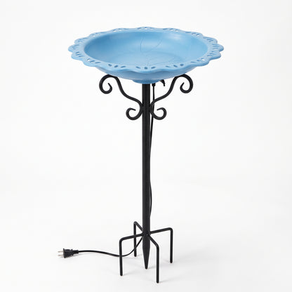 Sky-blue heated bird bath bowl with scalloped rim on a black S-scroll metal stand