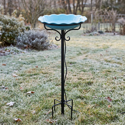 Outdoor heated bird bath with decorative metal stand and 5-prong ground stake