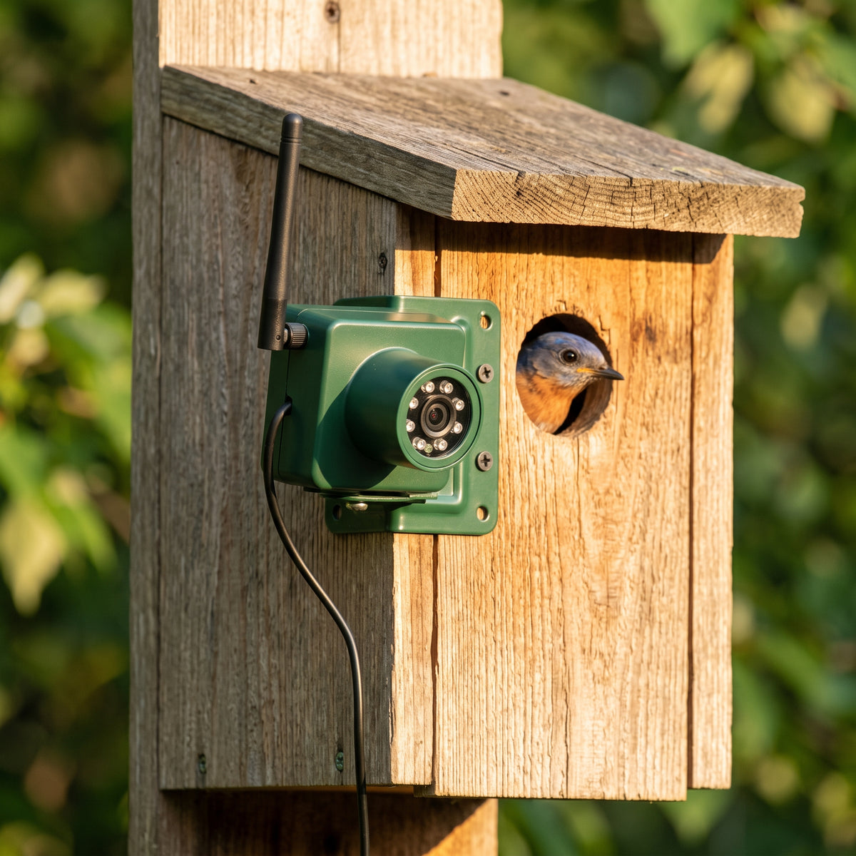 4MP HD wireless bird box camera in hunter green with external WiFi antenna and 940nm night vision