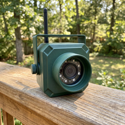 Compact 48mm hunter green bird nest camera with adjustable metal mounting bracket