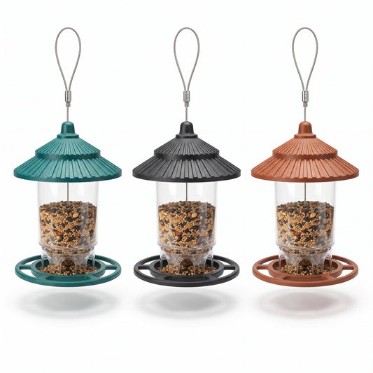 6-port gazebo hanging bird feeders in Garden Green, Charcoal Black, and Rustic Brown with 360-degree perch rings and braided steel hanging cables