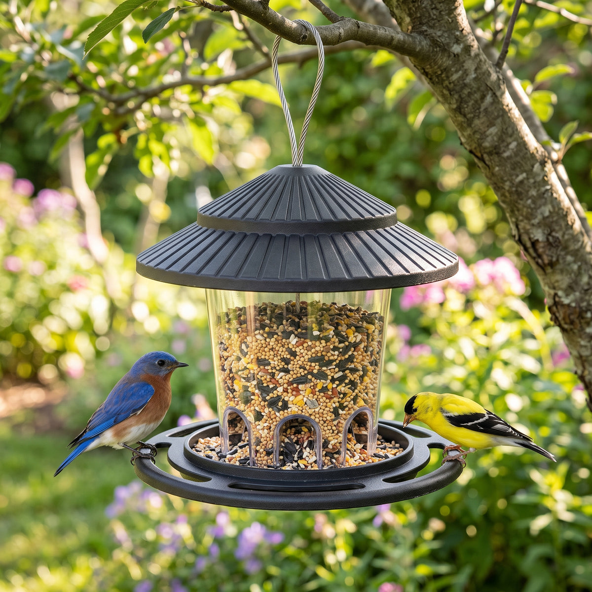 Eastern Bluebird and American Goldfinch eating mixed seed from the Charcoal Black 6-port gazebo hanging bird feeder in a blooming backyard