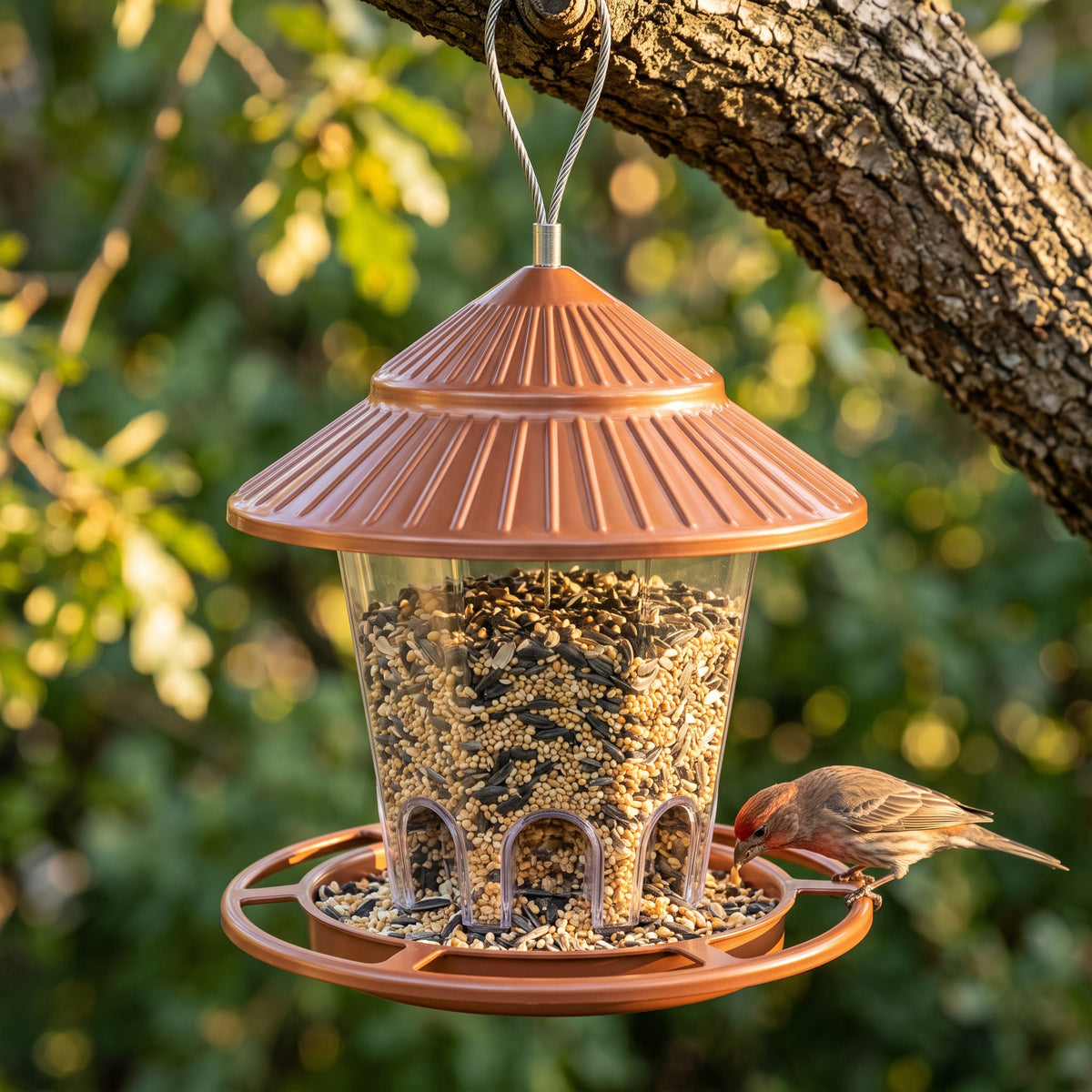 House Finch perched on the Rustic Brown 6-port gazebo hanging bird feeder suspended from an oak branch in golden-hour sunlight