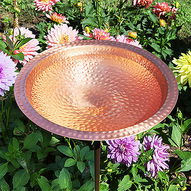 Hammered Solid Copper Bird Bath with Stake