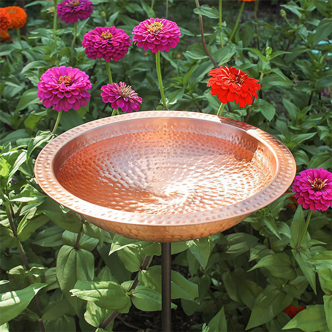 Hammered Solid Copper Bird Bath with Stake