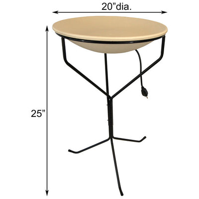 150W Thermostatically Controlled 20-Inch Heated Bird Bath with 25-Inch Metal Stand Made in USA, with dimensions, on white background - BIRDLOVER