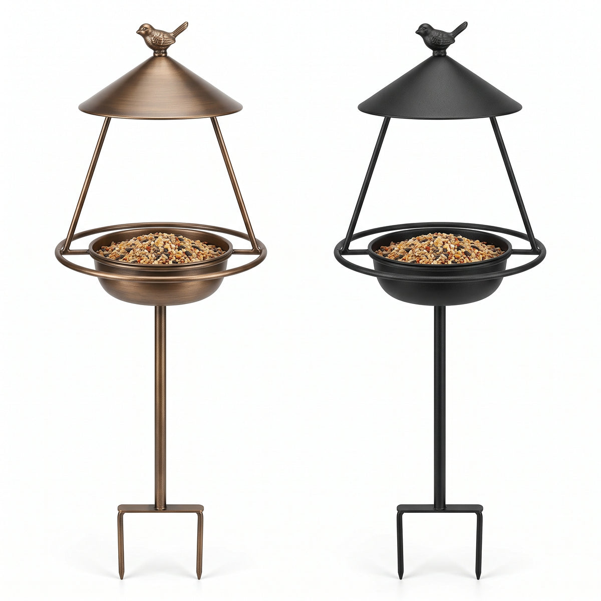 39.4-inch all-weather standing metal bird feeders with 2-prong ground stakes in Brushed Bronze and Matte Black with sculpted bird finials
