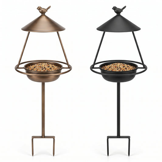 39.4-inch all-weather standing metal bird feeders with 2-prong ground stakes in Brushed Bronze and Matte Black with sculpted bird finials