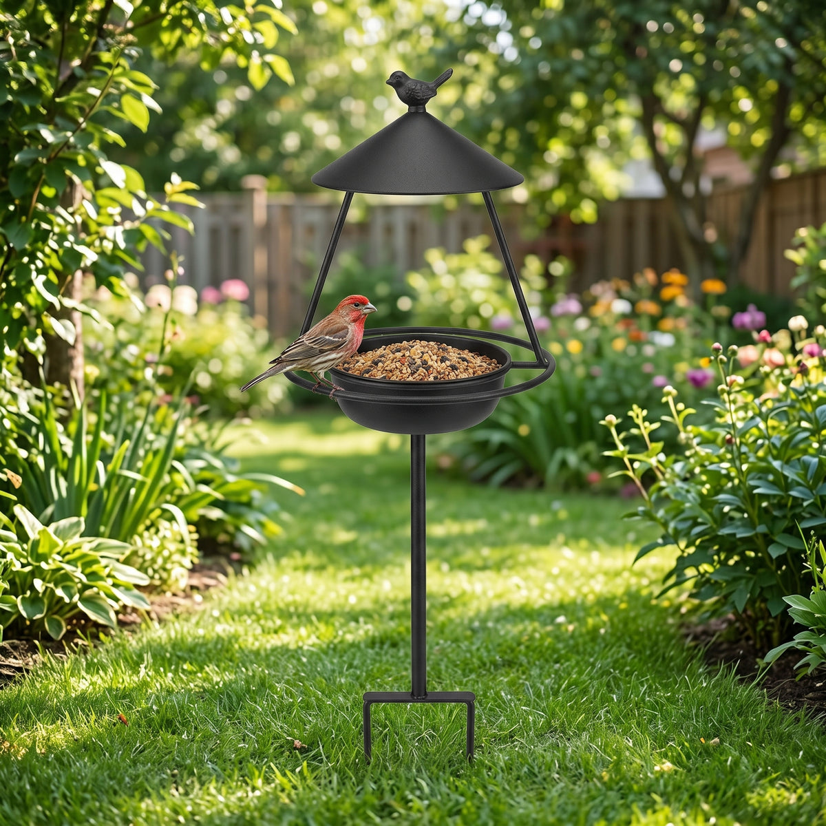 Matte Black standing metal bird feeder with conical rain roof, spill-guard seed bowl, and step-in ground stake on a green lawn, with a House Finch at the bowl