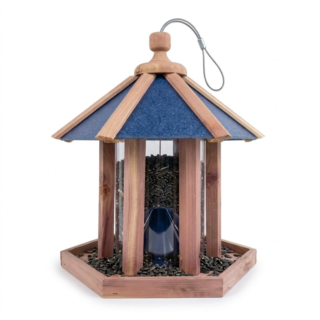 Amish Handcrafted Red Cedar and Admiral Blue Recycled Plastic Gazebo Bird Feeder 13.5 inch on pure white background - BIRDLOVER