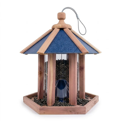 Amish Handcrafted Red Cedar and Admiral Blue Recycled Plastic Gazebo Bird Feeder 13.5 inch on pure white background - BIRDLOVER