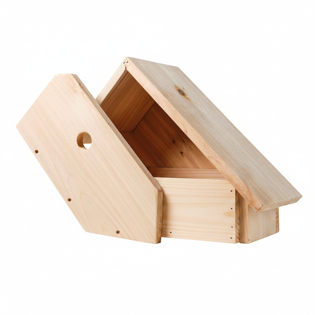 Wooden birdhouse with a visible brand logo on a white background