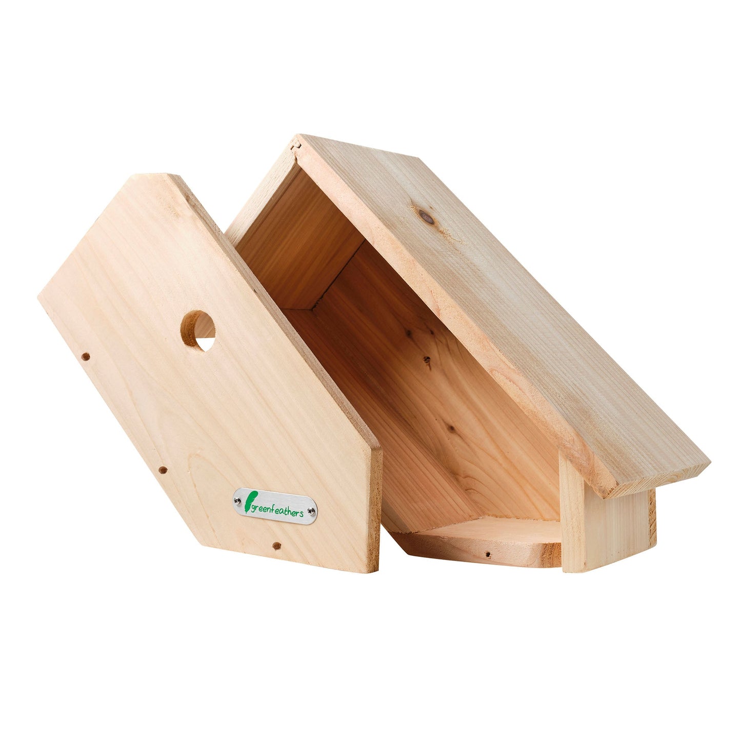 Wooden birdhouse with a visible brand logo on a white background