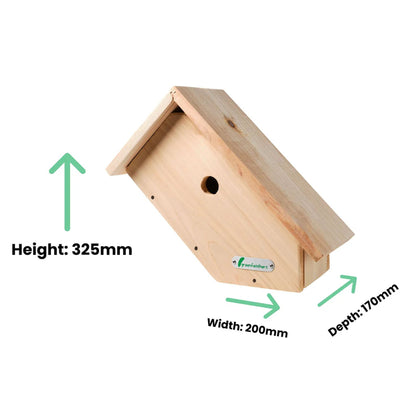 Wooden birdhouse with measurements on a white background