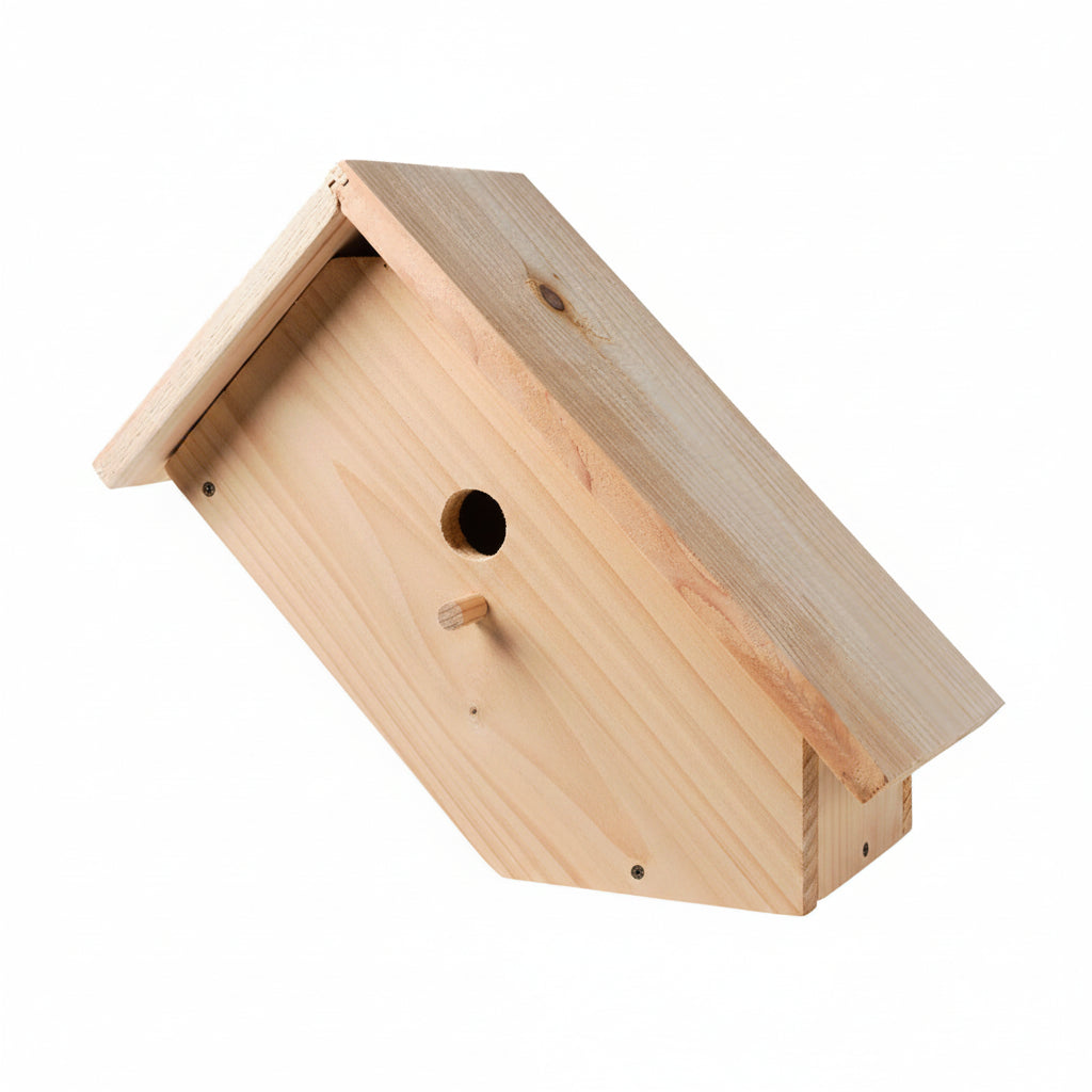 Wooden birdhouse with a brand logo on a white background