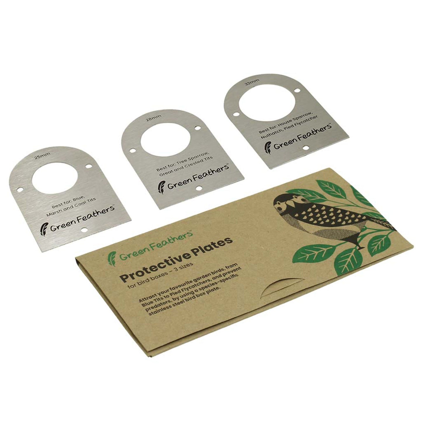 Set of metal protective plates for bird boxes with a branded cardboard packaging on a white background