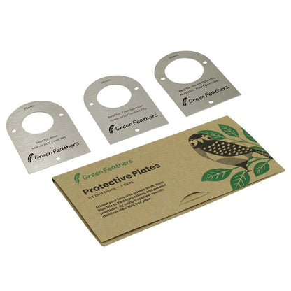 Set of metal protective plates for bird boxes with a branded cardboard packaging on a white background