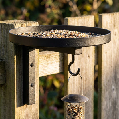 Close-up of the wall bracket, raised-rim tray filled with seed and under-mounted hook holding a tube feeder on a wooden fence post