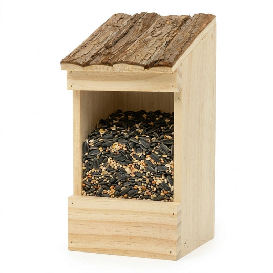 Handcrafted Open-Face Natural Wood & Bark Roof Bird Feeder — Wall & Tree Mount Seed Tray (11")