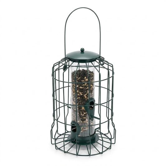 Squirrel-Proof Metal Mesh Caged Hanging Tube Bird Feeder in Forest Green with 4 feeding ports on pure white background - BIRDLOVER