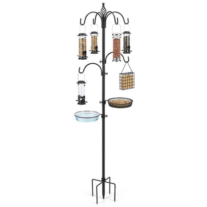 94-inch multi-hook bird feeding station pole kit with hanging feeders, suet cage, mesh seed tray and clamp-on bird bath dish on a 5-prong stake, on a white background - BIRDLOVER