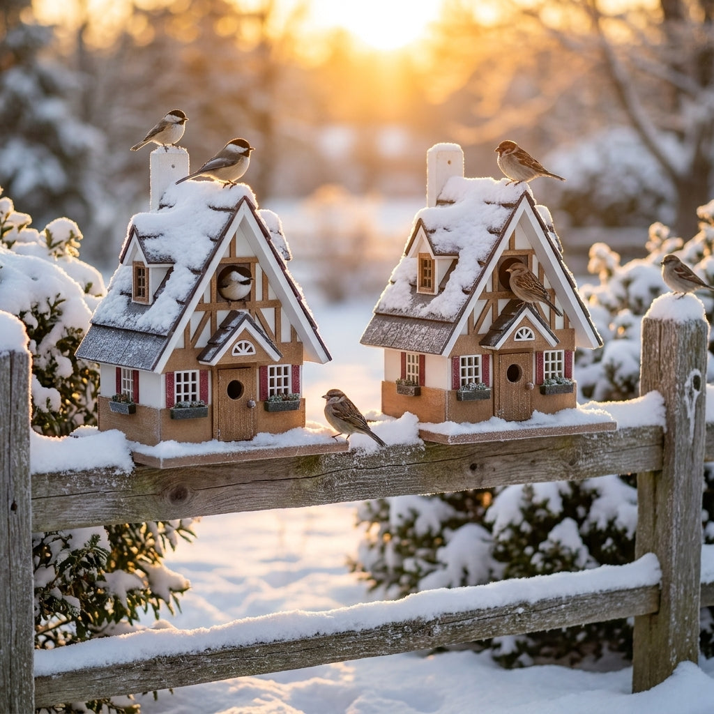 2-Pack of Merry Tudor Cottage Holiday Wooden Birdhouses on a snowy garden fence at golden hour