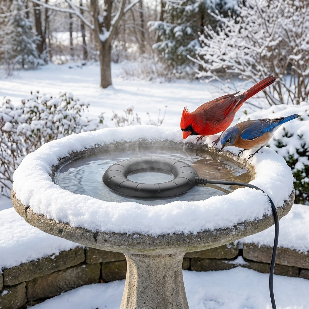 Northern Cardinal and Eastern Bluebird drinking unfrozen water from a winter bird bath with the 70W Ring De-Icer