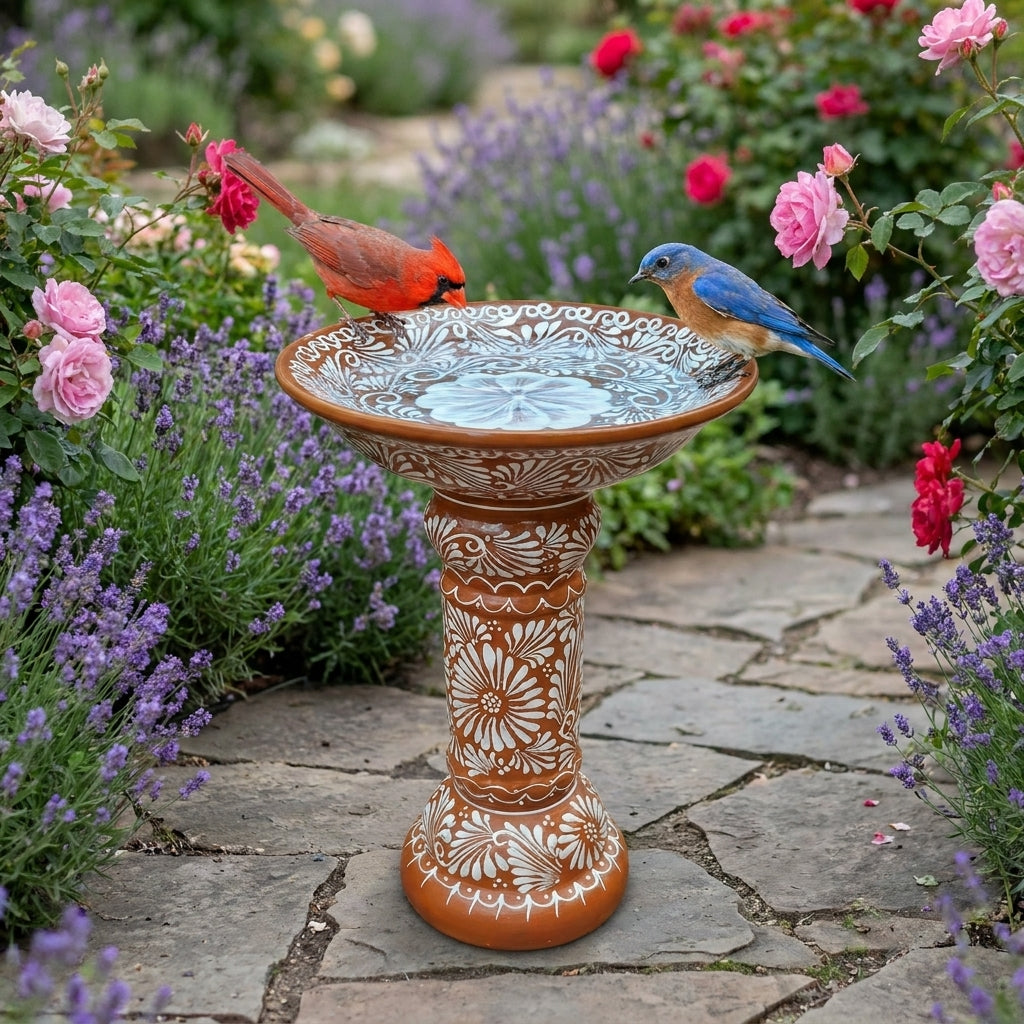 Northern Cardinal and Eastern Bluebird perched on the Terracotta Brown & White Talavera ceramic pedestal bird bath on a flagstone garden path with roses and lavender
